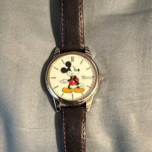Mickey Mouse Anniversary Watch with Black Leather Strap